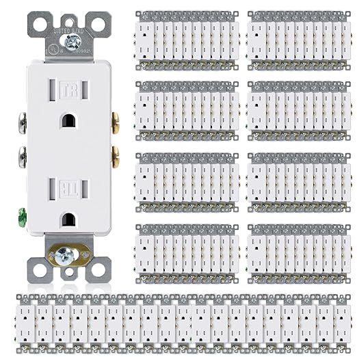 ELEGRP Decorator Wall Receptacle Outlet, Tamper Resistant 15 Amp Standard Electrical Wall Outlet, Residential Grade, Self-grounding, 125V, 2 Pole 3 Wire, 5-15R, UL Listed, Glossy White, 100 Pack
