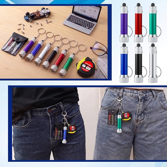Jutom 90 Pcs Mini Tape Measure Keychain Screwdriver LED Light Keychain Bulk Men Adult Tool Party Gifts Prize for Man Father's Day Housewarming Gifts Adult Useful Tool Favors (Colorful)