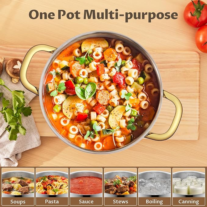 BEZIA 8 QT Stainless Steel Stock Pot with Lid, Uncoated Cooking Pot | Tri-ply Base for Even Heat, Works on All Stoves, Oven & Dishwasher Safe, for Whole Chicken & Bone Broth, Blanching & Boiling