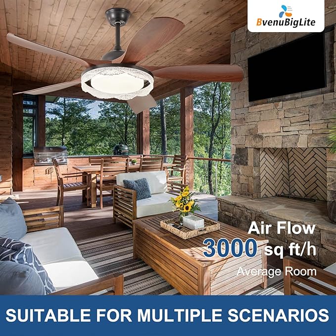 Ceiling Fans with Lights and Remote: 46-Inch Ceiling Fan 5 Blades Round Crystal Low Profile Outdoor - Walnut Ceiling Fans with Remote Control Quiet Reversible DC Motor for Living Room