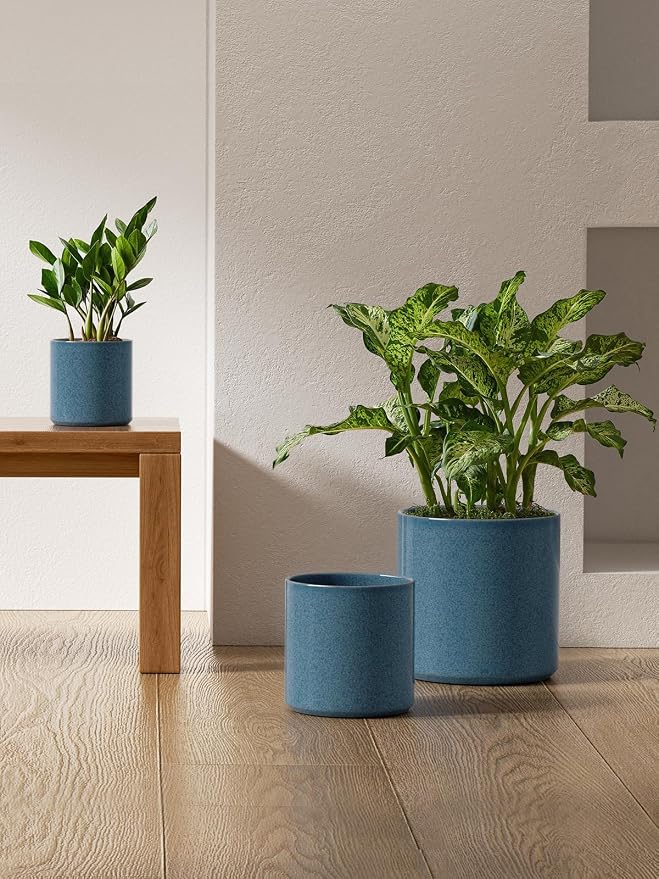 LE TAUCI 10+8+6 Inch Ceramic Pots for Plants, Indoor Planters with Drainage Hole and Plug, Modern Cylinder Flower Pots Set of 3 for Living Room and Bedroom, Glossy, Harbor Blue