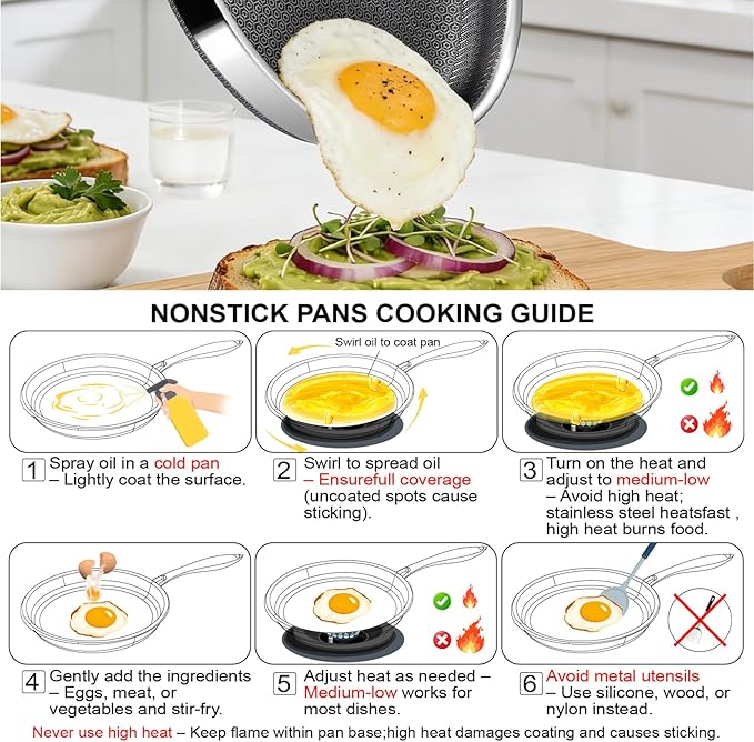 Frying Pans, 10-inch Hybrid Frying Pans Stainless Steel Skillets, Dishwasher & Oven-Safe, Stay-Cool Handle, PFOA Free Cookware, Compatible with All Cooktops