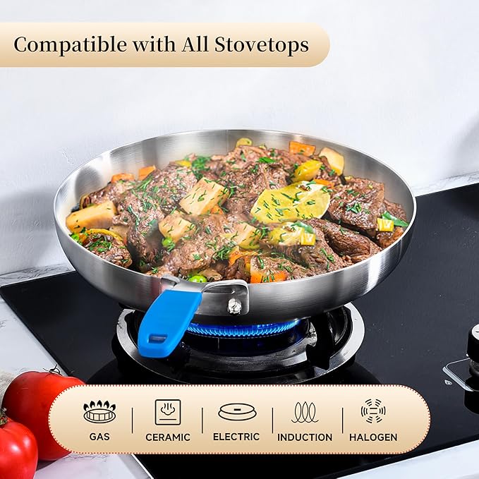 Inqibee 8.5-10-12 Inch Tri-Ply Stainless Steel Frying Pan Set with Lids, Skillets, Induction Chef's Cooking Pans, Pots and Pans Set, Dishwasher Safe and Detachable Handle