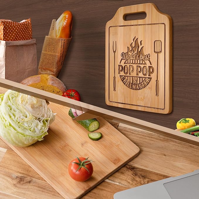 AceThrills Pop Pop Gifts for Pop Pop Christmas Gifts for Birthday, Fathers Day - 12.2"L × 8.7"W × 0.4"Th Engraved Bamboo Cutting Board