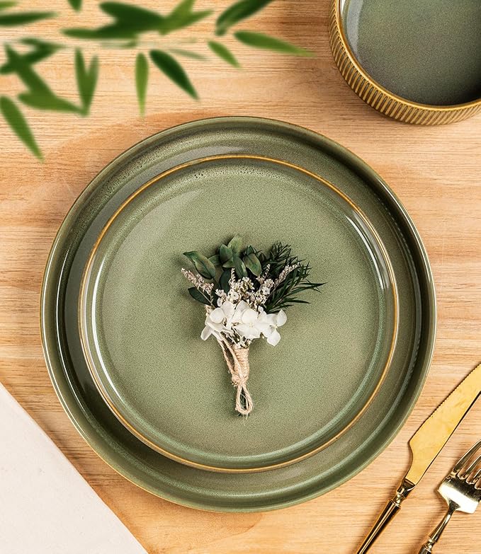 TheTerra Ceramic Dinnerware Sets with Pasta Bowls for 4, 16 Pieces Porcelain Lightweight Plates and Bowls Sets, Scratch Resistant Dish Set, Oven & Microwave & Dishwasher Safe, Sage Umber