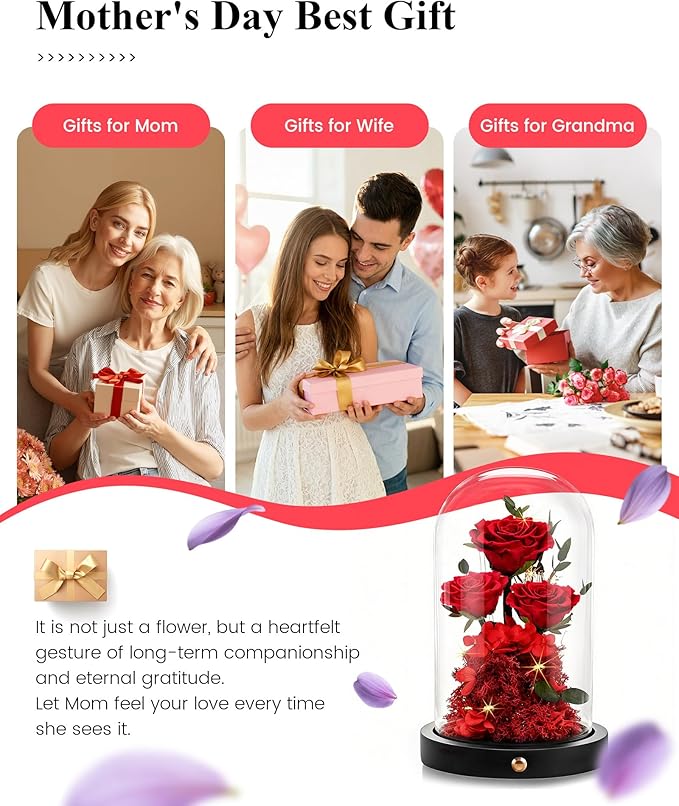 Agrul Mothers Day Flowers Roses Gifts for Mom,Forever Preserved Flower Rose in Glass Dome Fresh Flowers for Delivery Mothers Day Roses Gifts for Wife Women Mom Grandma from Daughter/Red Rose