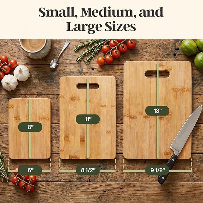 Totally Bamboo 3-Piece Cutting Board Set, Bamboo Wood Cutting Boards for Kitchen with Built-In Handles, Reversible Chopping Boards in Small, Medium, and Large Sizes