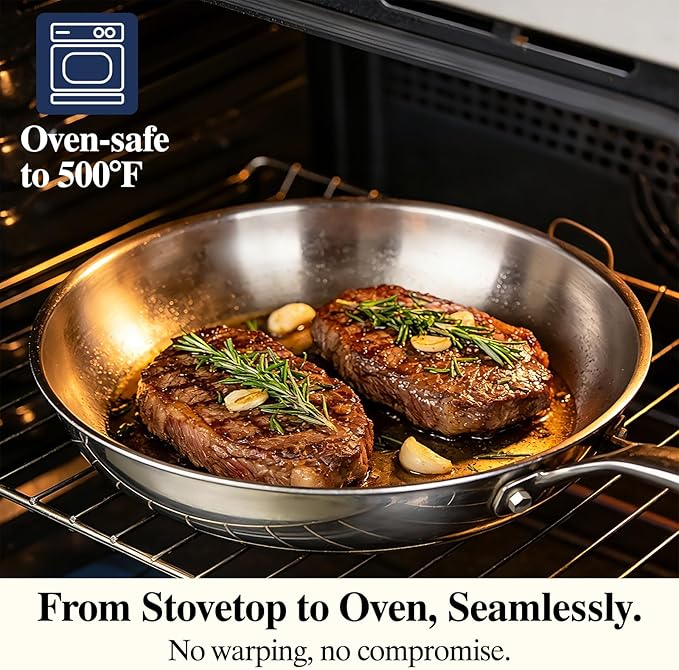 Stainless Steel Frying Pan Set with Lid, Umite Chef 3Pcs Skillet Set (Includes 8",10",12") - 5 Ply Stainless Clad - Heavy Duty & Professional Cookware Set, Fast & Even Heat, Dishwasher and Oven Safe