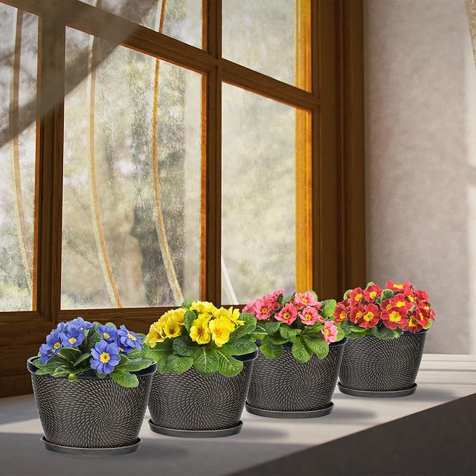 Quarut 4 Pack 6 Inch Flower Pots Planters for Outdoor Indoor | Plastic Plant Pots with Drainage Hole & Tray, Modern Decorative Garden Pot with Saucer, planters for House (Drak Bown)