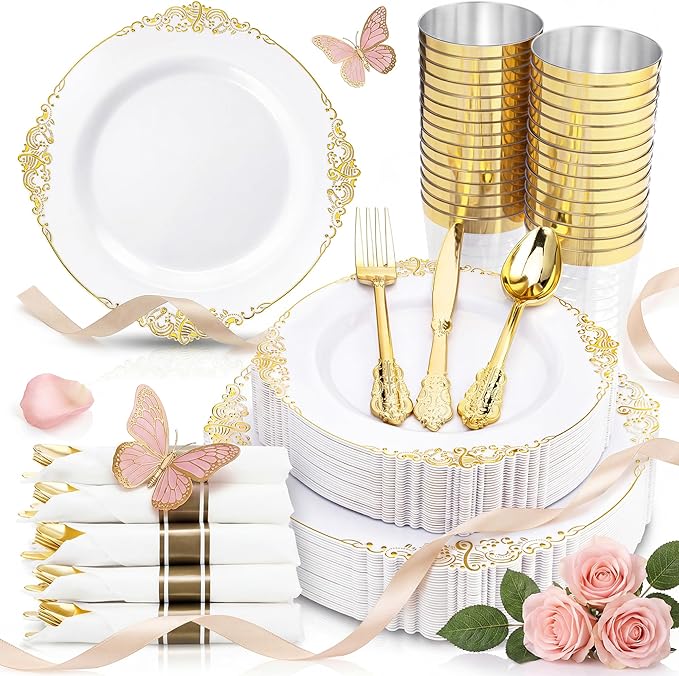 Nervure 350PCS Gold Plastic Plates - Gold Plastic Dinnerware Sets for 50 Guests - 100 Disposable Plates, 150 Silverware, 50 Cups, 50 Napkins for Wedding & Party & Mothers Day