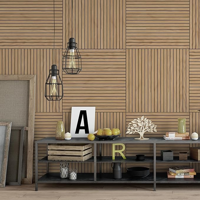 4-Piece Wood Slat Wall Panel for Interior Wall Decor Noise Cancelling 47.2" x 23.6" Peel and Stick Acoustic Decorative 3D Sound Absorbing Wall Paneling, Natural Oak