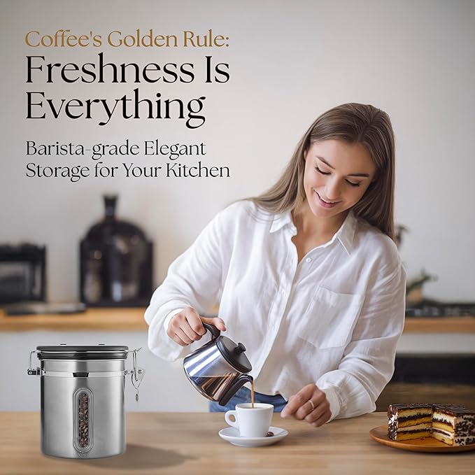 Mixpresso 16 Oz Stainless Steel Coffee Canister with Scoop and Window – Airtight Coffee Container with CO2 Valve for Bean Storage, Date Tracker Lid