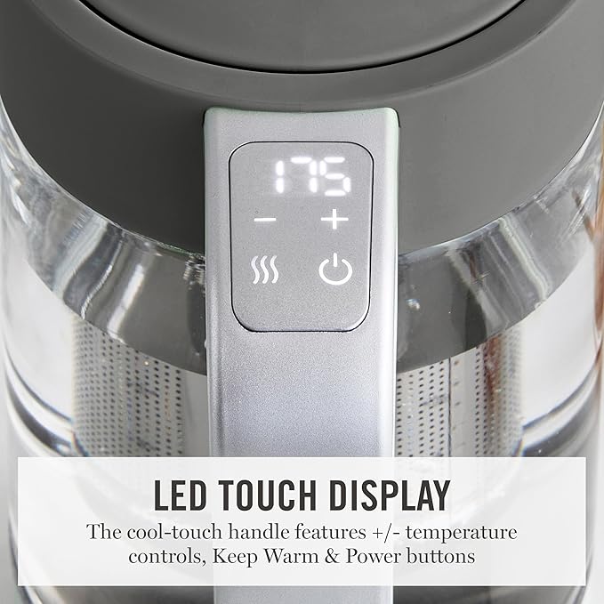 Martha Stewart Electric Kettle with Removable Stainless Steel Tea Infuser, Glass Carafe 1.7L (7 Cups), Hot Water Boiler, 4 Presets, Keep Warm & Auto Shut-Off, Cordless 360° Swivel Base, Caviar Gray