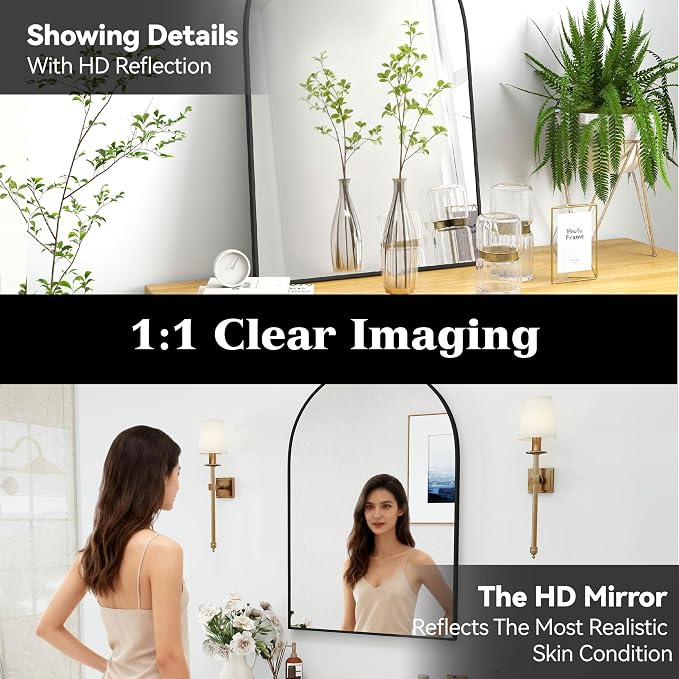 SCWF-GZ 36x24 Arch Mirror Rectangle Full Length Wall Mounted Hanging or Against Wall Metal Aluminium Alloy Frame Dressing Make-up Mirrors for Entryway Bedroom Bathroom Living Room 36 24 inch Black
