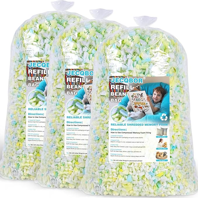 Jecqbor 15lbs Shredded Memory Foam Filling for Bean Bag Chair, Premium Beanbag Stuffing High Density Memory Foam Refill