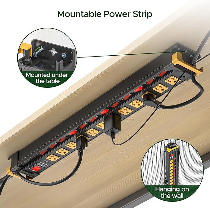 12 Outlet Long Heavy Duty Power Strip with Individual Switches,3300J Surge Protector Metal Power Strip,Wide Spaced,6Ft Cord Managment for School,Garage,Office,Workbench,ETL Listed(15A/1875W)