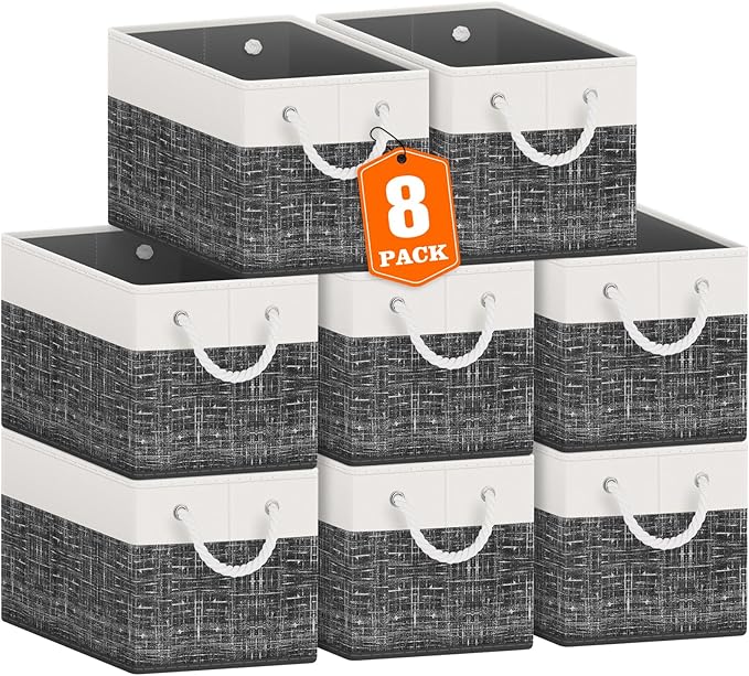 Fab totes Storage Bins [48-Pack], Foldable Storage Baskets for Organizing Toys, Books, Shelves, Closet, Large Storage Box with Rope Handles, Sturdy Organizer Bins, White & Black