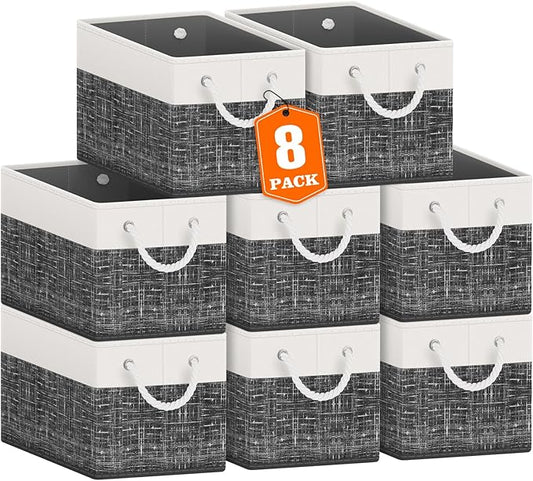 Fab totes Storage Bins [48-Pack], Foldable Storage Baskets for Organizing Toys, Books, Shelves, Closet, Large Storage Box with Rope Handles, Sturdy Organizer Bins, White & Black