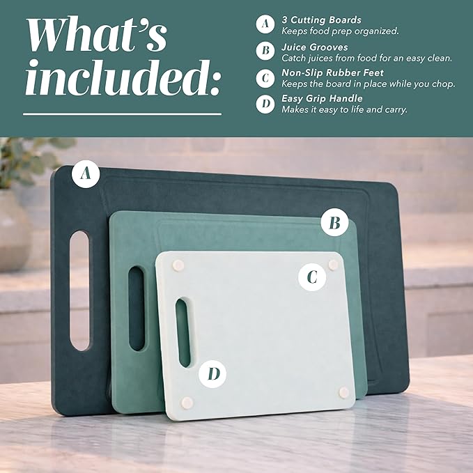 COOK WITH COLOR Non-Slip Cutting Board Set – Kitchen Essentials with Easy Grip Handle for Meat, Veggies, and Fruits, 3 Cutting Boards, Teal