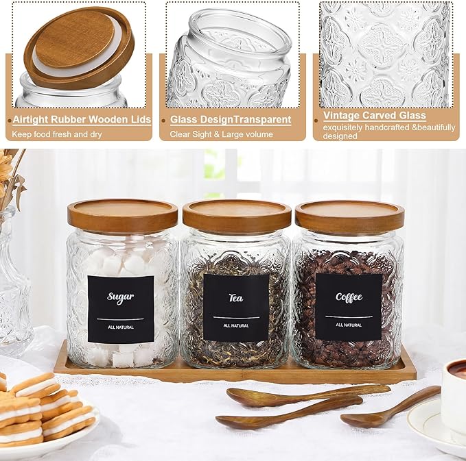 3 Pcs Glass Coffee Container Set with Wooden Lid Spoon Shelf Labels Clear Sugar Tea Airtight Jar Food Storage Canisters Set for Spice Holder Coffee Bar Gifts(Begonia,24 oz)