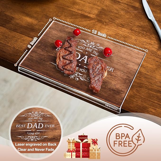 Engraved Acrylic Cutting Board with Counter Lip - Best Dad Ever Dad Gifts from Daughter Son Cooking Gift for Father Daddy Christmas Birthday Presents Clear Countertop Protector Kitchen Decor