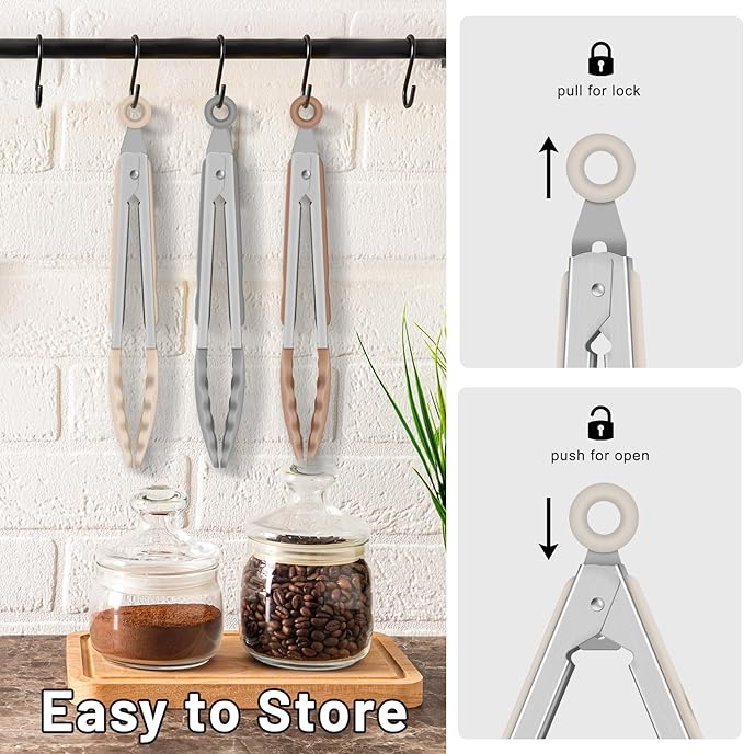 Hotec Mini Silicone Kitchen Tongs for Cooking - 7-Inch Small Serving Tongs with Silicone Tips, Set of 3 (Neutral Color)