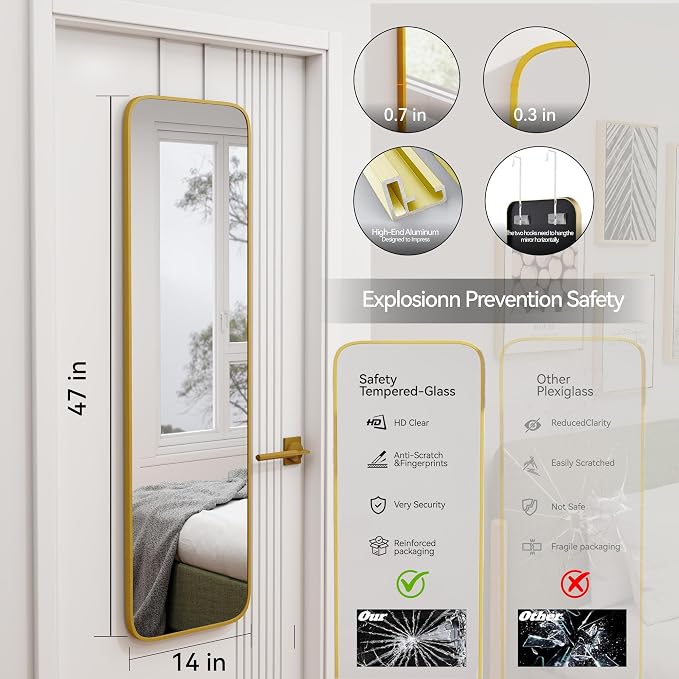 SCWF-GZ 47x14 Mirror Rectangle Full Body Length Door Hanging Wall Mounted Aluminum Alloy Metal Frame Dressing Make-up Mirrors for Entryway Bedroom Bathroom Living Room 47 14 inch Gold