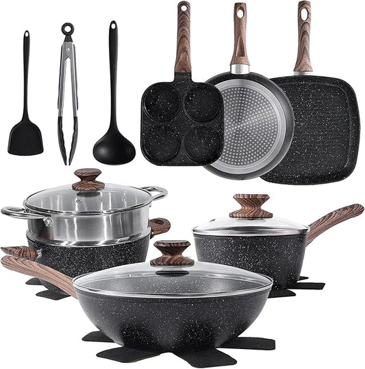 Simple Deluxe 17Pcs Ceramic Cookware Set, Nonstick & Non-Toxic Healthy Pots and Pans, Heat-Resistant Handles, Induction Cookware Sets with Frying Pans, Black