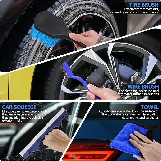 32Pcs Car Detailing Kit, Drill Brush Attachments with Detailing Brush Set and Tools Box, Blue Auto Cleaning Kit Interior for Dashboard, Wheels, Windows (C：32PCS-B)