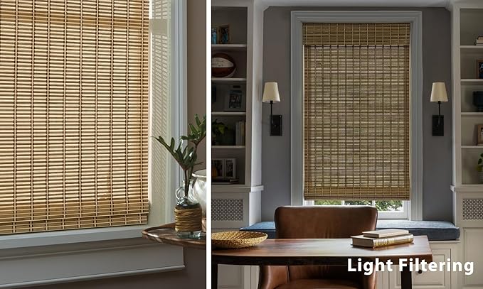 LazBlinds No Tools No Drill Cordless Bamboo Roman Shades, Light Filtering Window Treatment, Roll Up Bamboo Blinds for Windows 26'' W x 64'' H, Natural 306