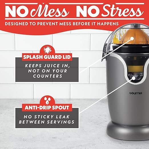 Gourmia Citrus Juicer - Automatic Juicer with 17 oz Capacity, One-Touch Operation, Universal Cone, Anti-Drip Spout, Dishwasher-Safe Accessories, Compact Quiet 60W Motor