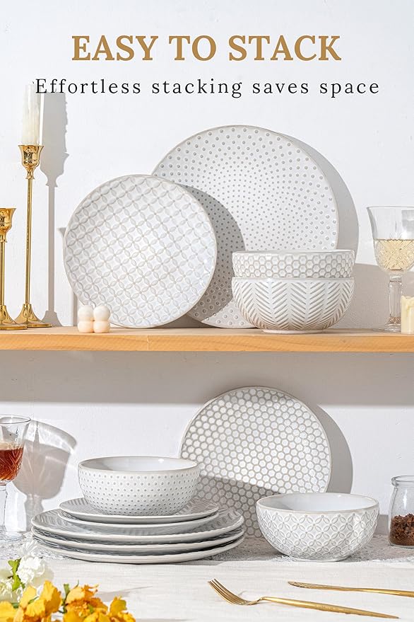 FOBENTA 24-Piece Ceramic Dinnerware Set,Large Plates and Bowls Set for 6,Elegant Dish Set for Families & Entertaining–Microwave & Dishwasher Safe Tableware (Double Bowl)