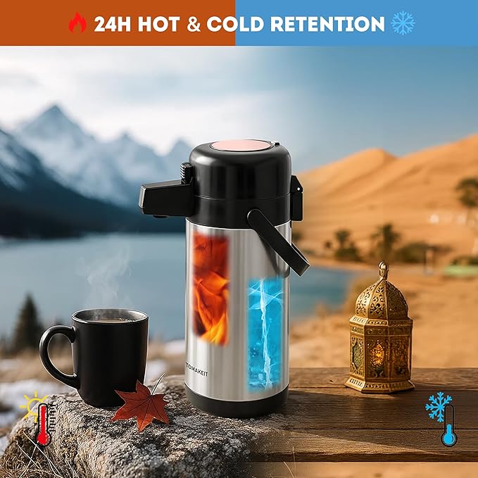 TOMAKEIT Airpot Coffee Carafe for Keeping Hot,102oz/3L Coffee Dispenser Thermal with Pump,Insulated Stainless Steel Hot Beverage Dispenser for Parties,Thermal Carafe for Hot Drinks Water Tea Chocolate