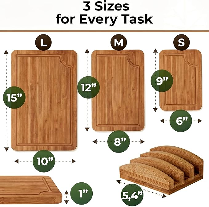 Wood Cutting Board Set of 3 with Holder - Sturdy & Easy to Clean Bamboo Wooden Cutting Boards for Kitchen - 3 Sizes of Chopping Board with Juice Grooves for Meal Prep, Everyday Use, Housewarming Gift