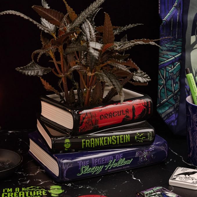 Steel Mill & Co. Ceramic Stacked Books Planter, Gothic Stories | Ceramic Plant Pot with Drainage Hole & Removable Stopper, Literary Decor, Frankenstein, Dracula, & Sleepy Hollow