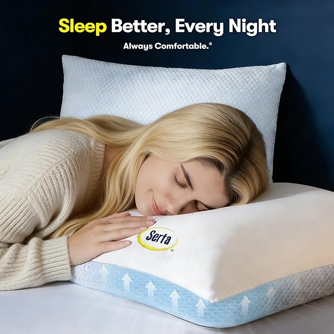 Serta Cooling Down Alternative Bed Pillows King Size Set of 2, Reversible Cooling & Cotton Fabric, Medium Firm, Breathable Support for Hot, Side, Back & Stomach Sleepers, 20" x 36"