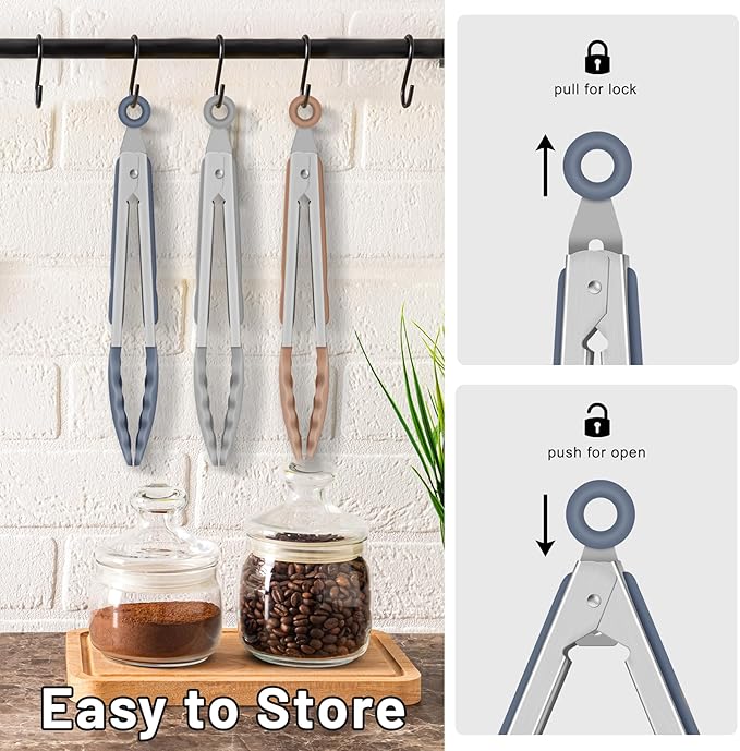 Hotec Mini Silicone Kitchen Tongs for Cooking - 7-Inch Small Serving Tongs with Silicone Tips, Set of 3 (Neutral)