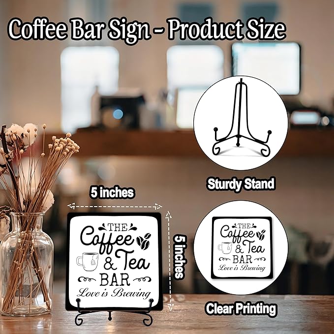 Coffee Bar Sign, Love is Brewing Farmhouse Tabletop Decor, Coffee and Tea Lover Gifts, 5x5 Wood Plaque with Iron Stand for Home Kitchen Cafe, Coffee Bar Decor – L06