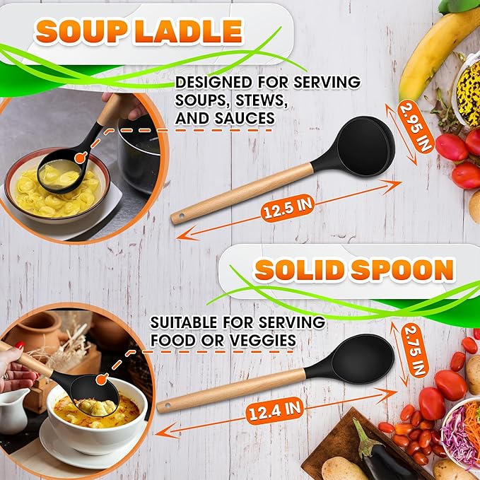14 PCs Black Silicone Cooking Utensils Set with Holder - Versatile Kitchen Utensils with Sturdy Wooden Handles - Heat Resistance Silicone Kitchen Utensil Set with Holder for All Cooking & Baking Needs