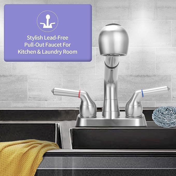 Utility Sink Faucet,Universal Laundry Tub ABS Plastic Faucet with Sprayer,Dual Handle Pull Out Faucet, Chrome Finish Laundry & Utility Room Sink Faucets,4 Inch Center Set