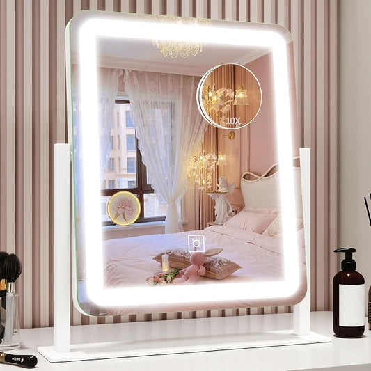 ROLOVE Vanity Mirror with Lights, 12.6"x15" LED Makeup Mirror with Lights, Smart Touch Control 3 Color Dimmable, Lighted Desk Mirror for Bedroom, Light Up Mirror