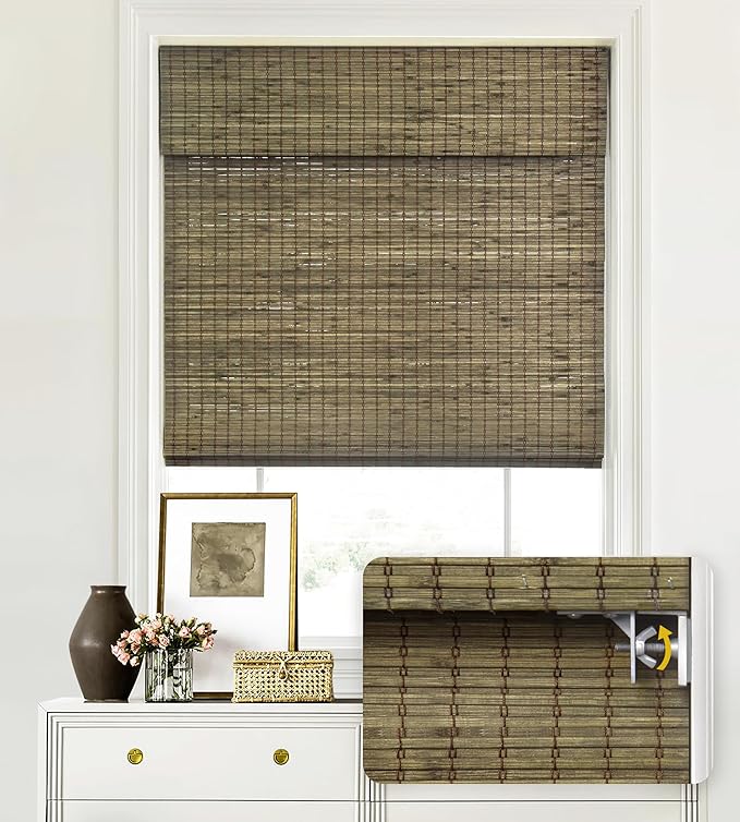 LazBlinds No Tools No Drill Cordless Bamboo Roman Shades, Privacy Window Treatment, Roll Up Bamboo Blinds for Windows 32'' W x 64'' H, Driftwood