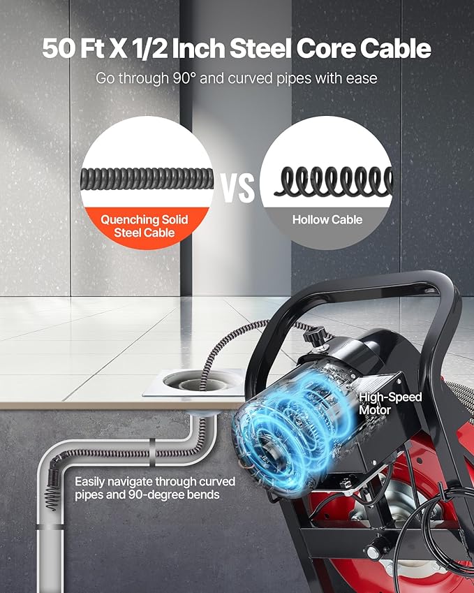 VEVOR Drain Cleaner Machine 50 FT x 1/2 Inch, Sewer Snake Auger Manual Feed with 4 Cutters & Air-activated Foot Switch for 2" to 6" Pipes