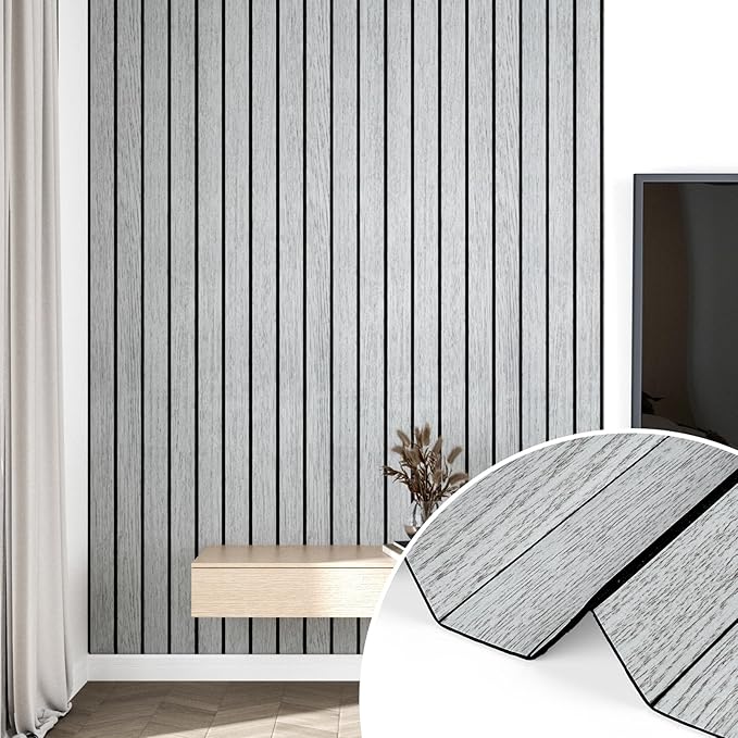 Wallercity White/Gray Self Adhesive Wood Slat Wall Paneling 3D Panels for Wall Decor Soundproof Peel and Stick Wooden Panels for Bedroom Kitchen 11.7''x197'' Vinyl Waterproof Faux Wood Fence Wallpaper