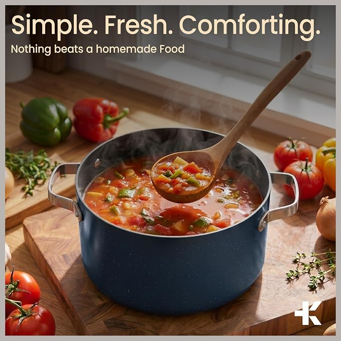 Bakken 5 Quart Ceramic Coated Stock Pot with Lid, Easy to Clean Nonstick Pot, Tempered Glass Lid, Riveted Stainless Steel Handles, Oven Safe Up To 500°F, PTFE & PFAS Free, All Stove Compatible, Blue
