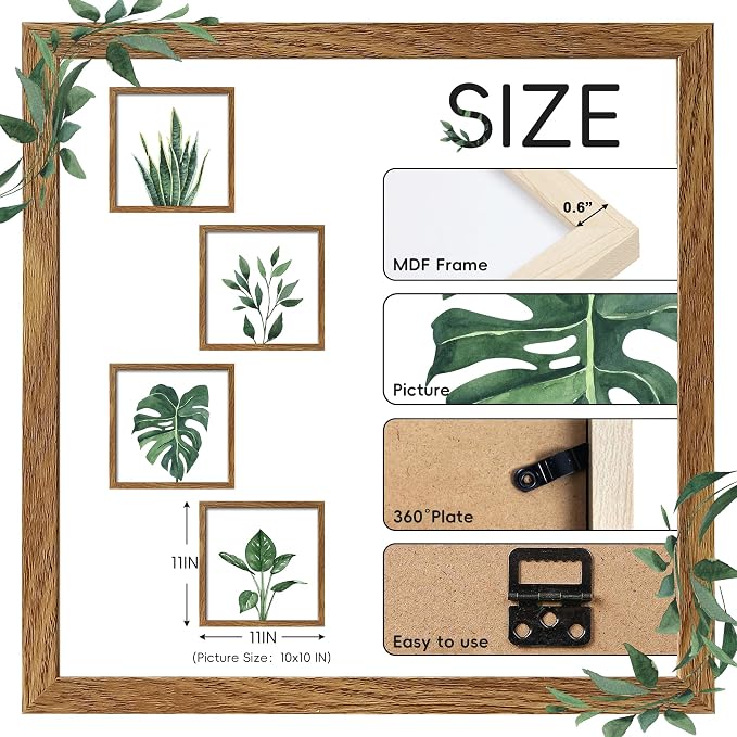 ArtbyHannah Framed Bathroom Wall Art Decor, 8x8 Inch 4 Pack Botanical Gallery Wall Frame Set Modern Farmhouse Sage Green Prints Artwork for Spa, Restroom, Bedroom, Office Decoration (Walnut)