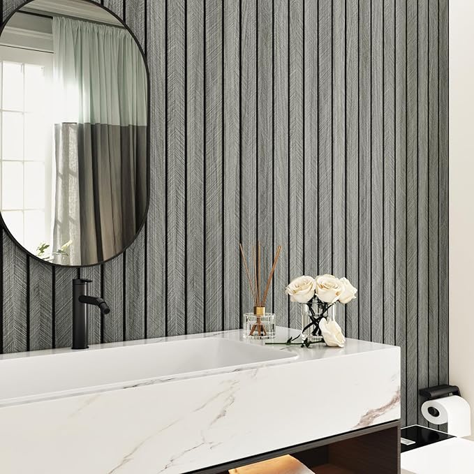 Grey Wood Wall Slat Panels Peel and Stick 3D Fluted Wood Panels for Interior Wall Decor 118" x 11.8" Self Adhesive Acoustic Wooden Paneling for Bedroom Living Room TV Background Kitchen