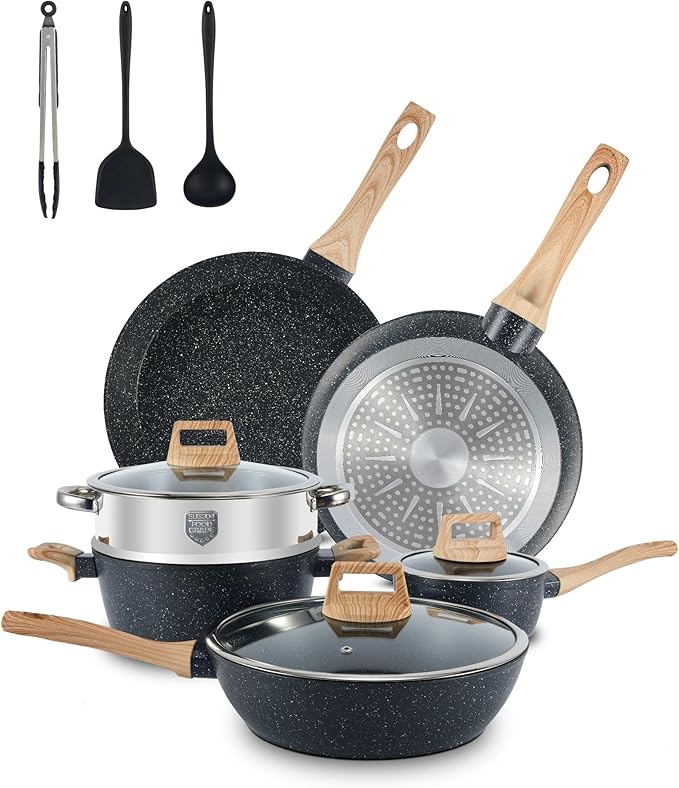 12-Piece Nonstick Ceramic Cookware Set, Healthy Non-Toxic Granite Pots and Pans Set, PFAS PFOA Free Kitchen Cookware with Silicone Spatula, Dishwasher Safe, Black