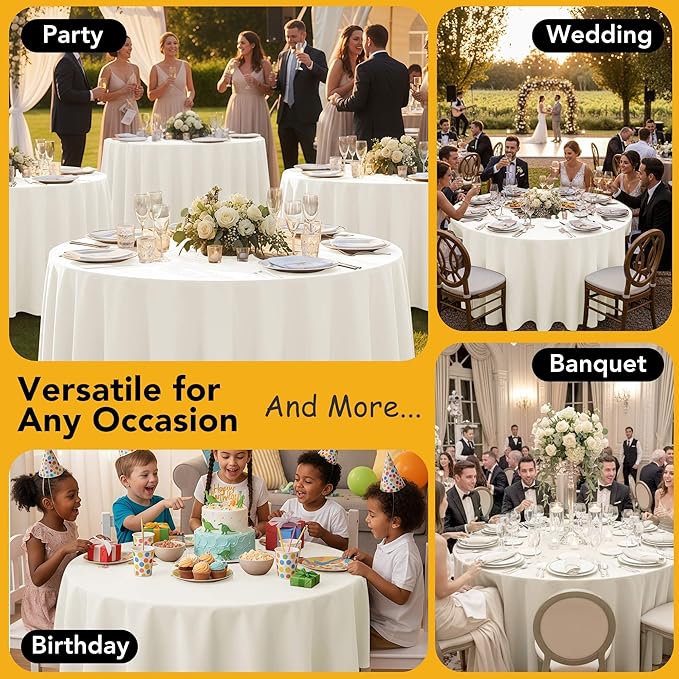6-Pack Ivory Round Tablecloths, 120 Inches, Stain-Resistant Polyester for 5-6 Ft Round Tables - Washable Table Covers for Weddings, Banquets, Birthday Parties, Events