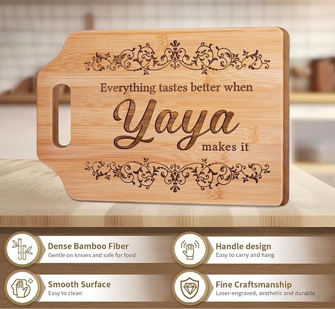 AceThrills Yaya Gifts, Yaya Mothers Day Gift for Yaya's Birthday - Engraved Bamboo Cutting Board 12.3"L × 8.7"W × 0.4"Th